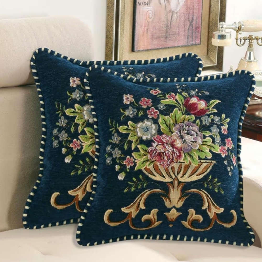 NWT 2pc 18" Square Floral Chenille Jacquard Throw Pillow Covers In Blue